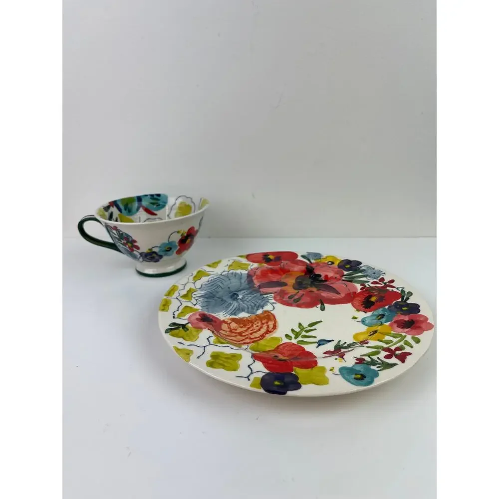 Anthropologie Estudio Flores Floral Tea Cup and Saucer Bright Floral Handpainted